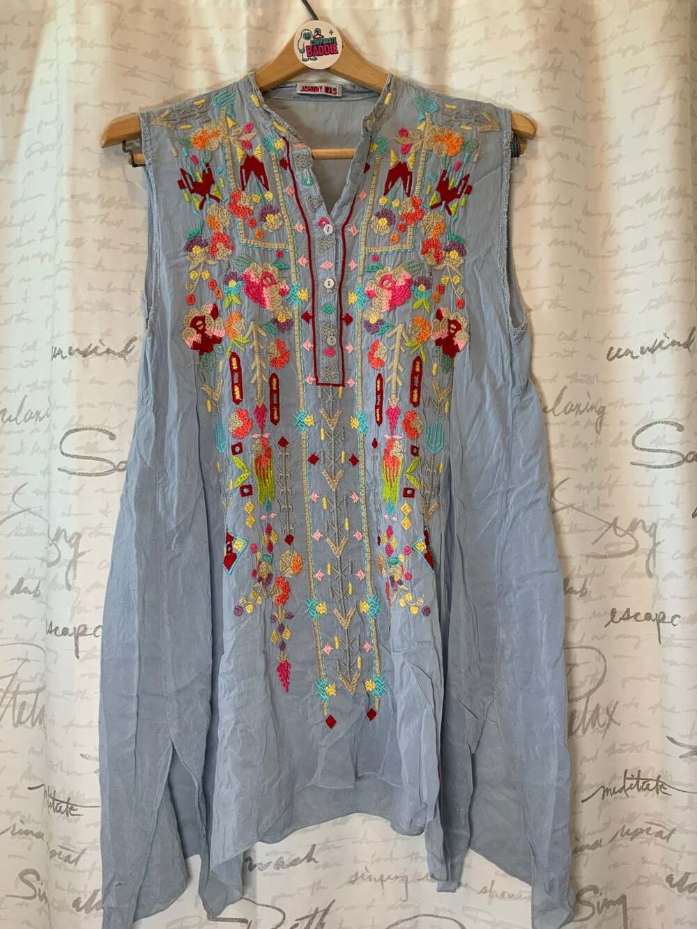 Johnny Was Embroidered Boho Tunic Top Gray Blue Size Small Bohemian